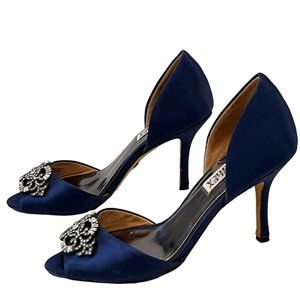 New BADGLEY MISCHKA Navy Blue Satin Crystals D'Orsay Heels Pumps Shoes